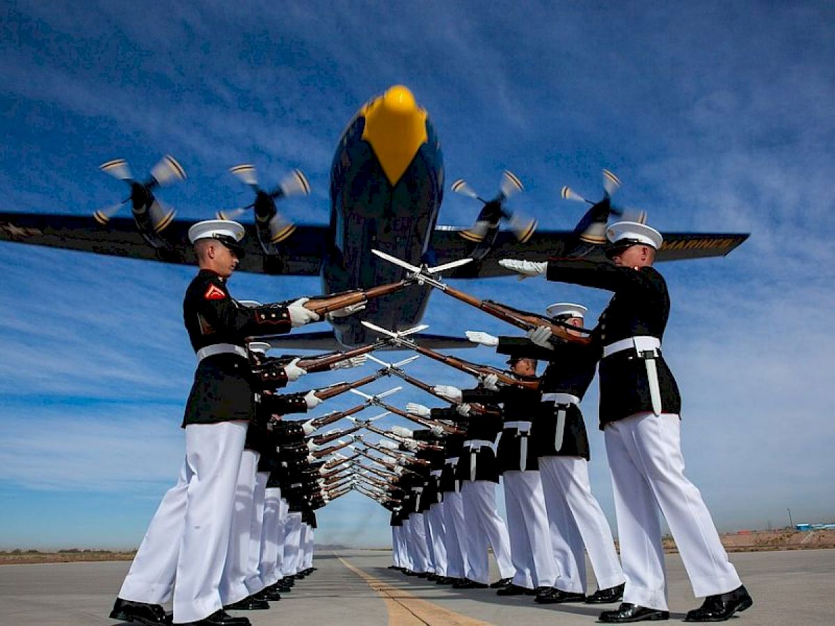 A group of uniformed soldiers performs a coordinated rifle drill beneath a low-flying military aircraft with a blue and yellow nose.